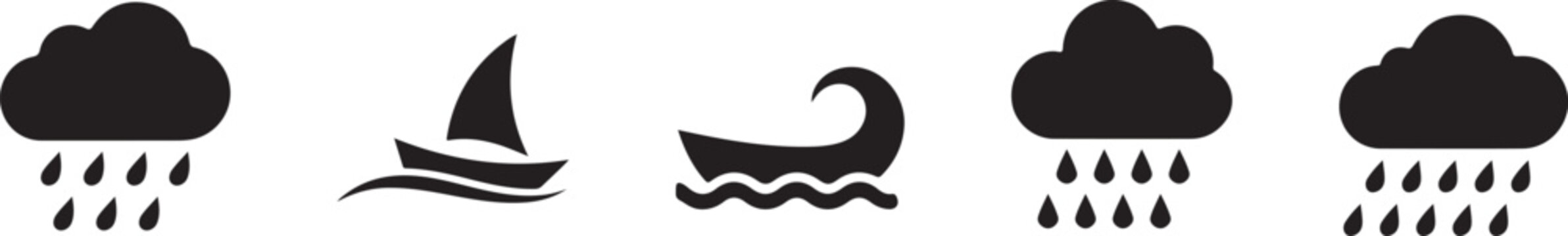 Weather icons with rain clouds and boats on waves