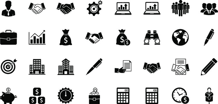 Set of professional business and finance icons featuring corporate characters growth charts handshake symbols and office management tools for commercial web design