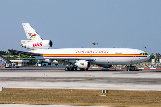 Luqa, Malta - July 17, 2007: DAS Air Cargo McDonnell Douglas DC-10-30CF (5X-JOE) parked in apron 9.