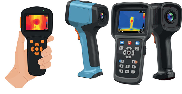 Thermal imaging cameras and infrared scanners set with handheld devices showing heat maps, industrial inspection technology vector illustration collection