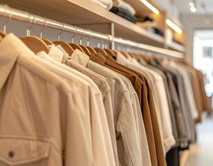 Obraz premium A curated collection of neutral-toned shirts and jackets displayed on a clothing rack in a retail store