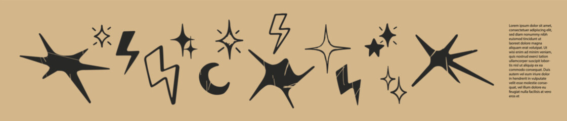 Fototapeta premium Abstract Star and Lightning Symbol Set – Hand Drawn Retro Shapes, Sparkles, Moon, Energy Icons, Bold Graphic Clipart.