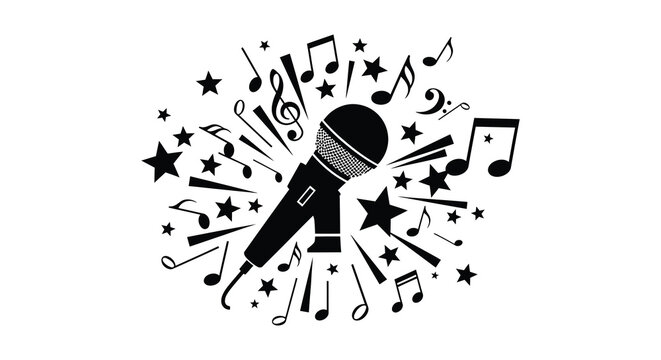 Microphone with musical notes and stars black silhouette