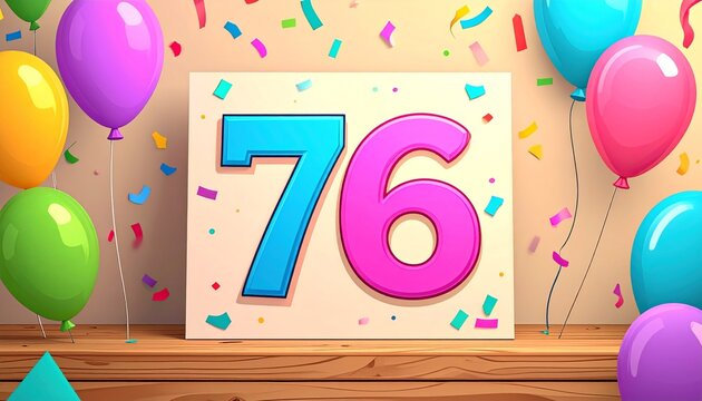Birthday or anniversary card with number 76. Cartoon illustration with bright colors and balloons