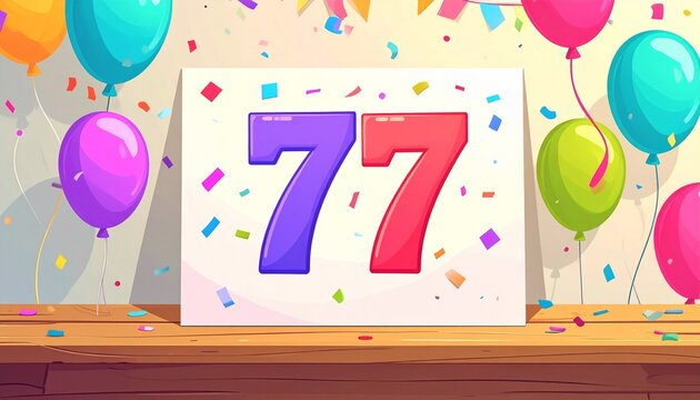 Birthday or anniversary card with number 77. Cartoon illustration with bright colors and balloons