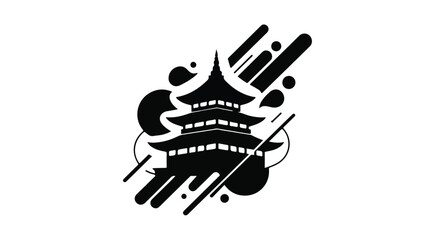 Pagoda silhouette stands elegantly against a backdrop of abstract graphic shapes. © Moheeb