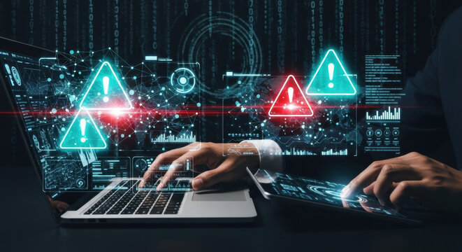 Operation system boot-up failure. Cybersecurity technology, system warning on hacked alerts. System warning error popup and maintenance showing.