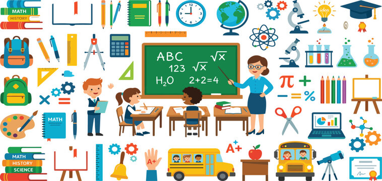Large education and school vector icon set featuring classroom scenes teacher students bus stationery science equipment and math symbols.