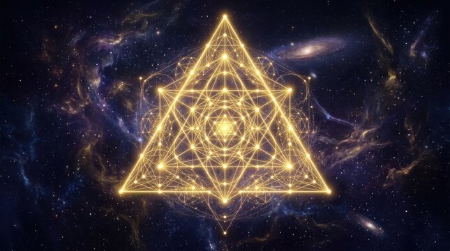 Mystical Golden Geometric Star Tetrahedron in Celestial Nebula