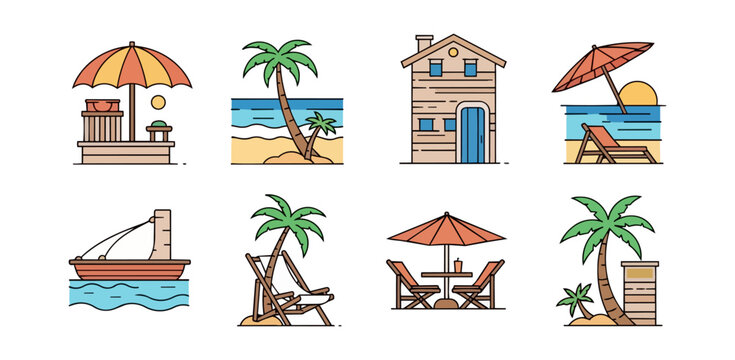 Beach vacation icons set umbrellas palms houses and relaxing scenes
