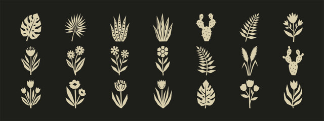 Set of geometric botanical icons including flowers, leaves, and cacti on a dark background © thetwelvesense
