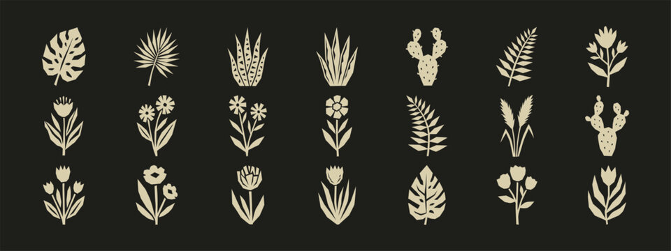Set of geometric botanical icons including flowers, leaves, and cacti on a dark background