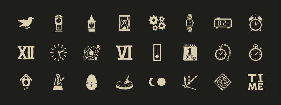 Collection of time management icons including clocks, hourglass, stopwatch, and calendar on dark background