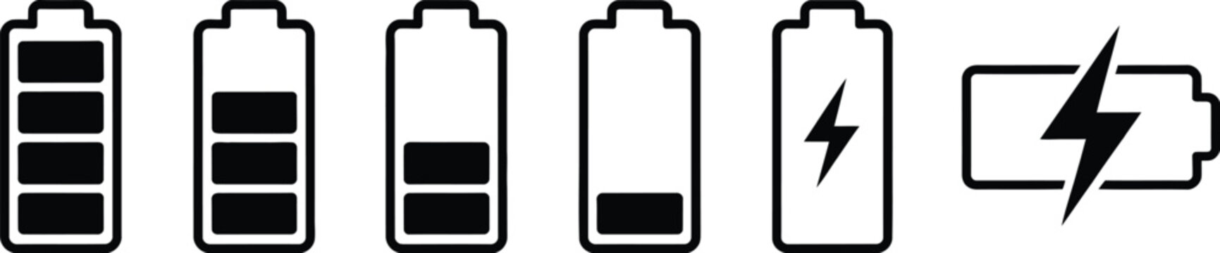 Battery icon set showing charge levels and charging icon vector illustration clean minimal outline style energy power status indicator concept
