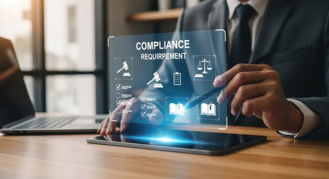 Businessman reviewing digital compliance dashboard with legal documents, requirements, and governance system on tablet and laptop. Concept of regulatory control and corporate compliance management.