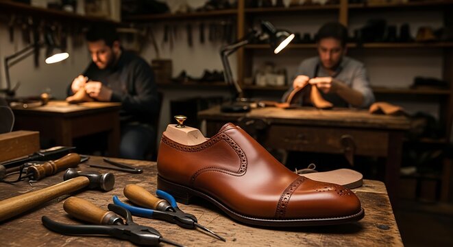Brown leather dress shoe on a workbench in a cobbler s workshop