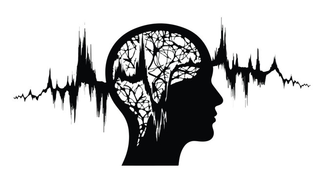 Head profile with brain waves illustrates mental activity and cognitive processing.