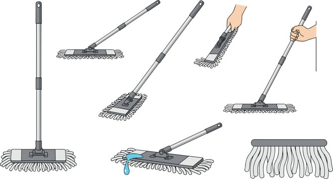 Mop and Cleaning Tool Illustration Set for Household, Cleaning, and Domestic Design Projects