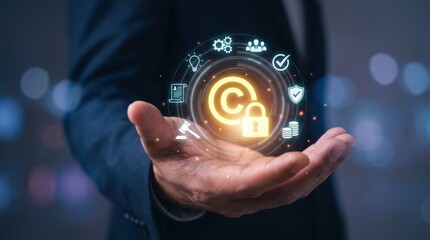 Fototapeta premium A businessman holds a glowing digital interface featuring copyright symbols, a lock, and icons representing legal protection and business.