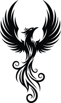 Majestic phoenix rising black and white illustration icon mythical rebirth
