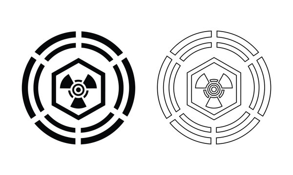 Radiation hazard symbol in hexagonal frame and circular outer frame black solid and outline versions danger sign danger icon biohazard icon