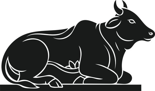 Black and white illustration resting bull simple vector art style silhouette icon design