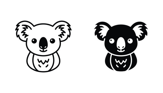 Cute koala head icon design in simple black and white vector line art and solid silhouette for children and wildlife themed projects