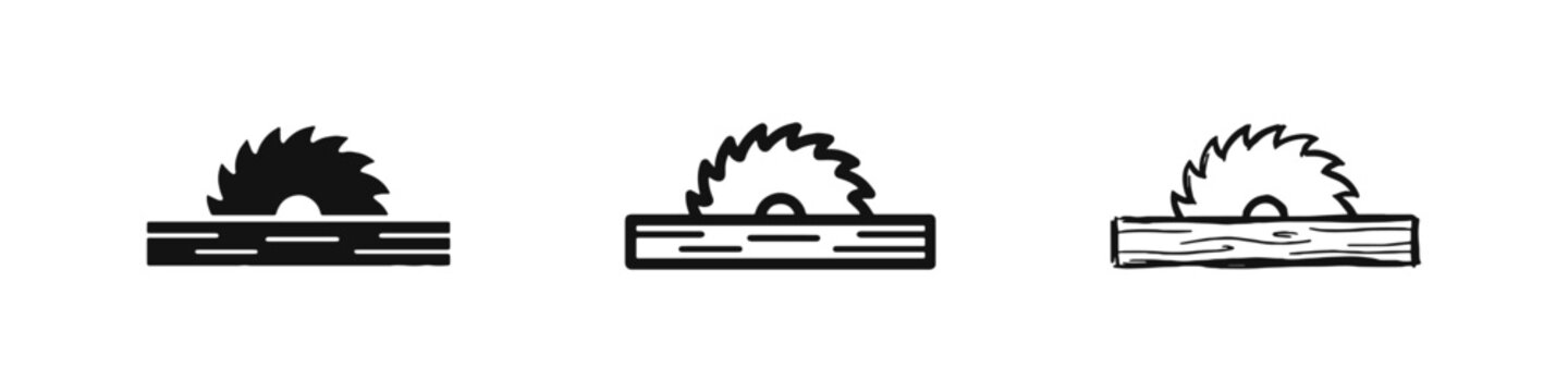 Circular Saw Cutting Wood Icon Set - Carpentry and Construction Tool