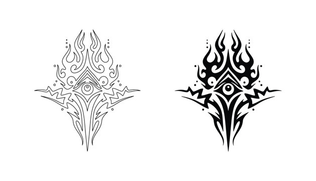 Abstract eye symbol with tribal flames and decorative elements in black and white vector art for spiritual branding