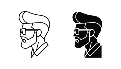 Profile portrait of fashionable man with beard and glasses vector icon in outline and solid black style for modern avatar or branding © Aura