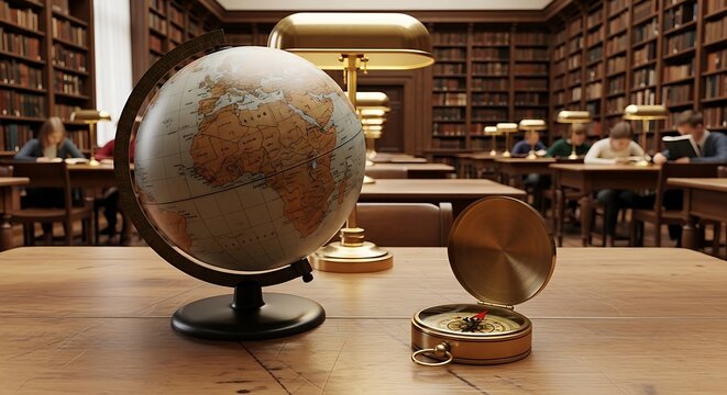 globe and compass on table in library