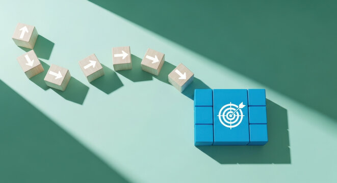 Wooden blocks with arrow icons leading to a blue target block on pastel green background. Business strategy, goal setting, direction, focus and success concept.