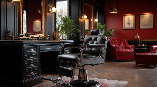 Classic barber shop interior with leather chair, mirrors, and vintage decor in a well-lit setting during daytime