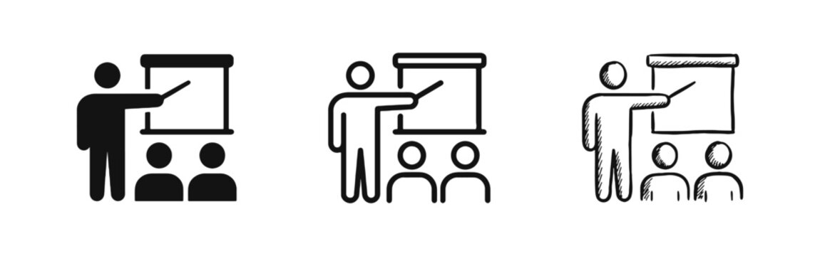 Teacher presenting to students icon set, classroom, lecture, seminar, education, training, vector illustration