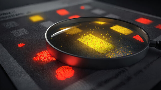 detail of a magnifying glass rim focusing on a printed SWOT heatmap where high priority opportunities glow and red threat cells are magnified, tactile emphasis on ink and paper grain, neutral 