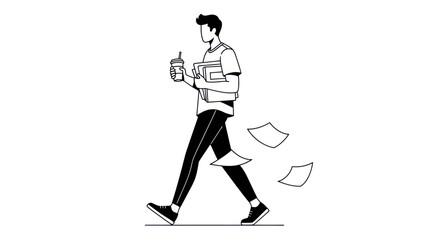 Fototapeta premium Man walking with coffee and papers.