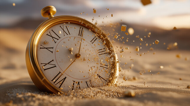 Clock rests in sand as tiny cubes scatter during sunset in desert landscape