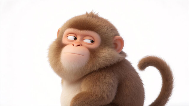 Cute cartoon monkey with helpless expression on white background