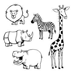 African safari animals set vector illustration. Hand drawn lion, giraffe, zebra, rhino and hippo line art isolated on white © DeShoff