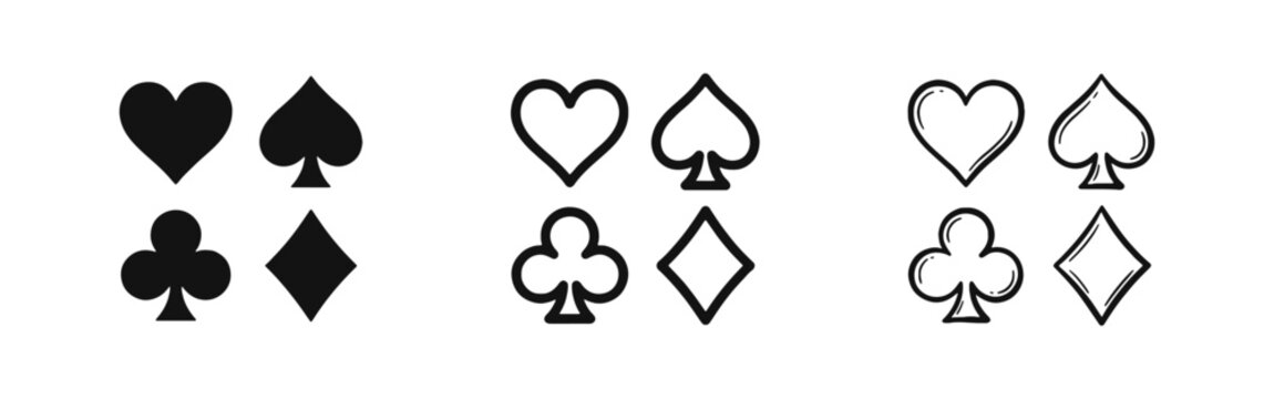 Playing Card Suits Icon Set, Heart Spade Club and Diamond Gambling Symbols