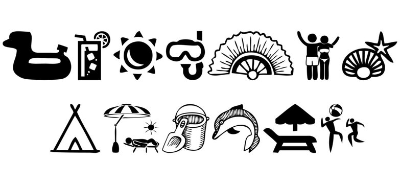 vector icons of beach instrument in black and white hand drawn
