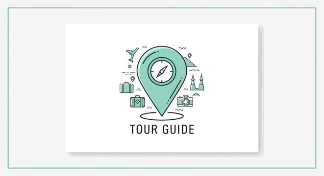 Illustration of a tour guide concept with compass and travel icons.