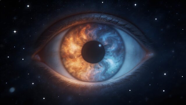 Human eye with cosmic galaxy pattern