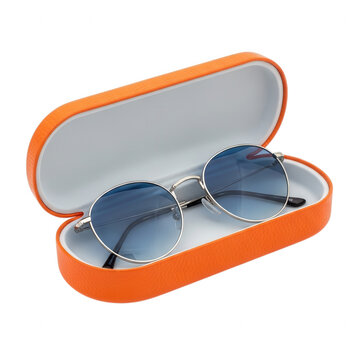 Orange sunglasses case with black shades open