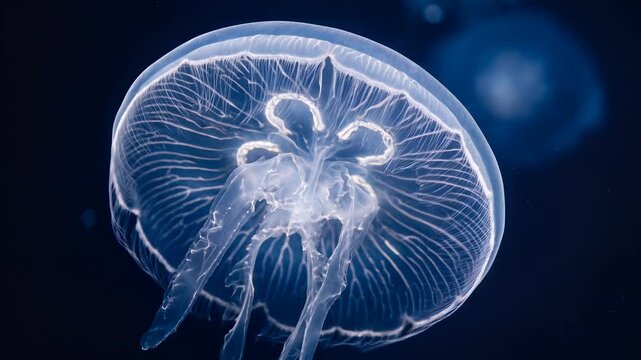 Transparent Jellyfish Swimming in Deep Dark Ocean Water, Macro Close-up Shot for Marine Biology