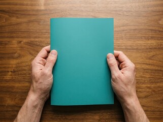 Obraz premium Person Holding Blank Teal Brochure Mockup over Wooden Desk for Branding and Print Design Presentation. Top View Vertical Booklet Template for Portfolio Display.