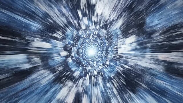 A mesmerizing abstract image depicts a tunnel-like structure with a bright, glowing light at the far end, creating a sense of depth and motion.