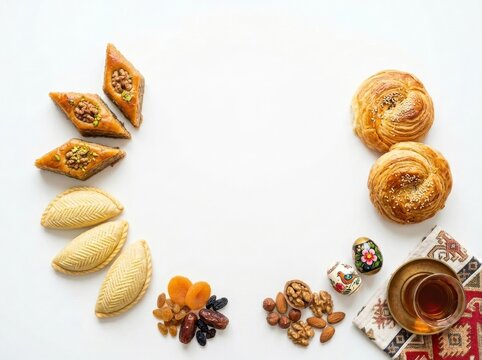 Traditional Azerbaijani Novruz Holiday Sweets Assortment with Shekerbura, Pakhlava, Gogal, and Tea on White Background