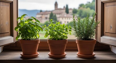 Fototapeta premium Potted herbs on a windowsill overlooking a rural town