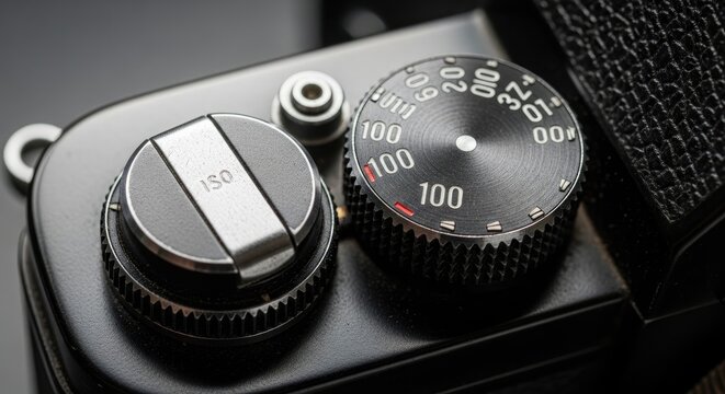 Close-up of a vintage cameras dials.